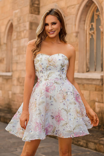 Sparkly Sequins A-Line Strapless Floral Short Homecoming Dress